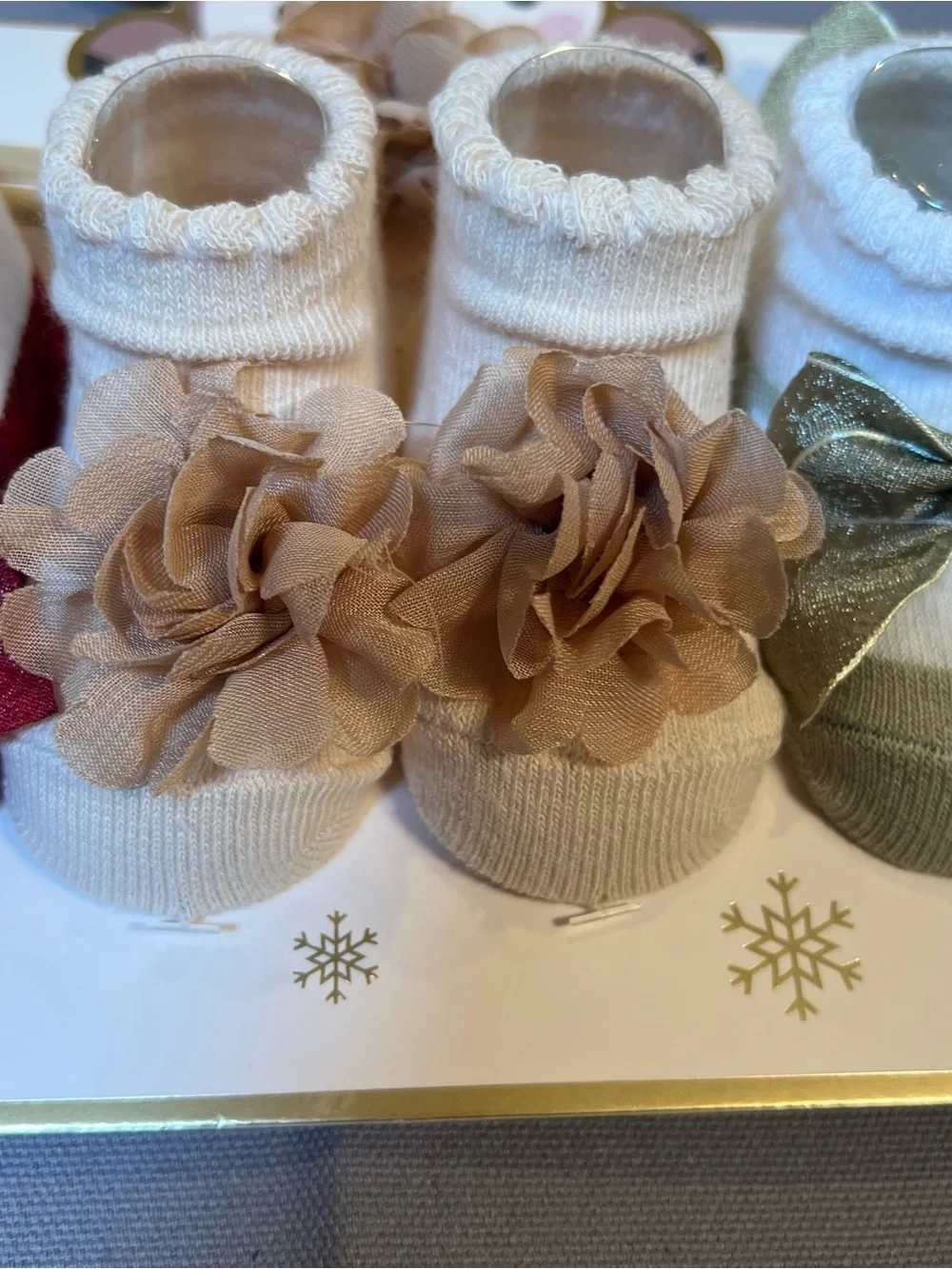 Baby Girls Bow & Flower Knit Socks & Headband 6 Piece Set - Red, Beige, Gold